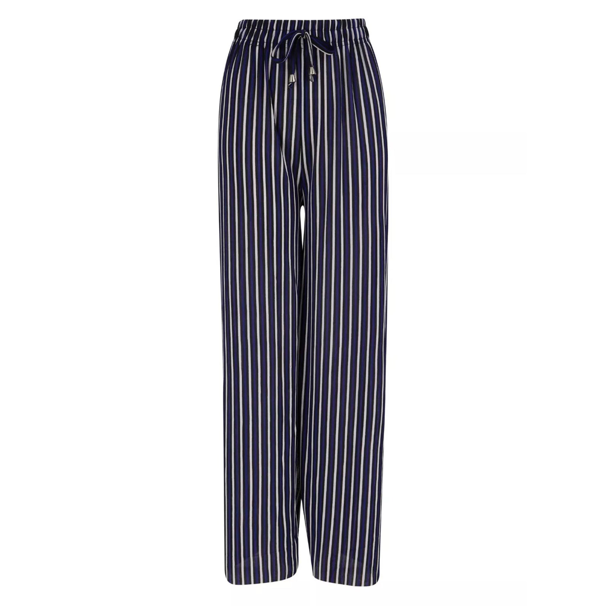 Women’s black and purple striped harem palazzo trousers with drawstring waist.